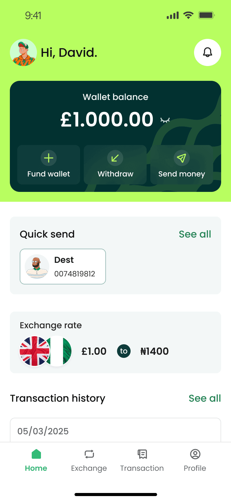 SwyftSend mobile app showing wallet balance and send money interface